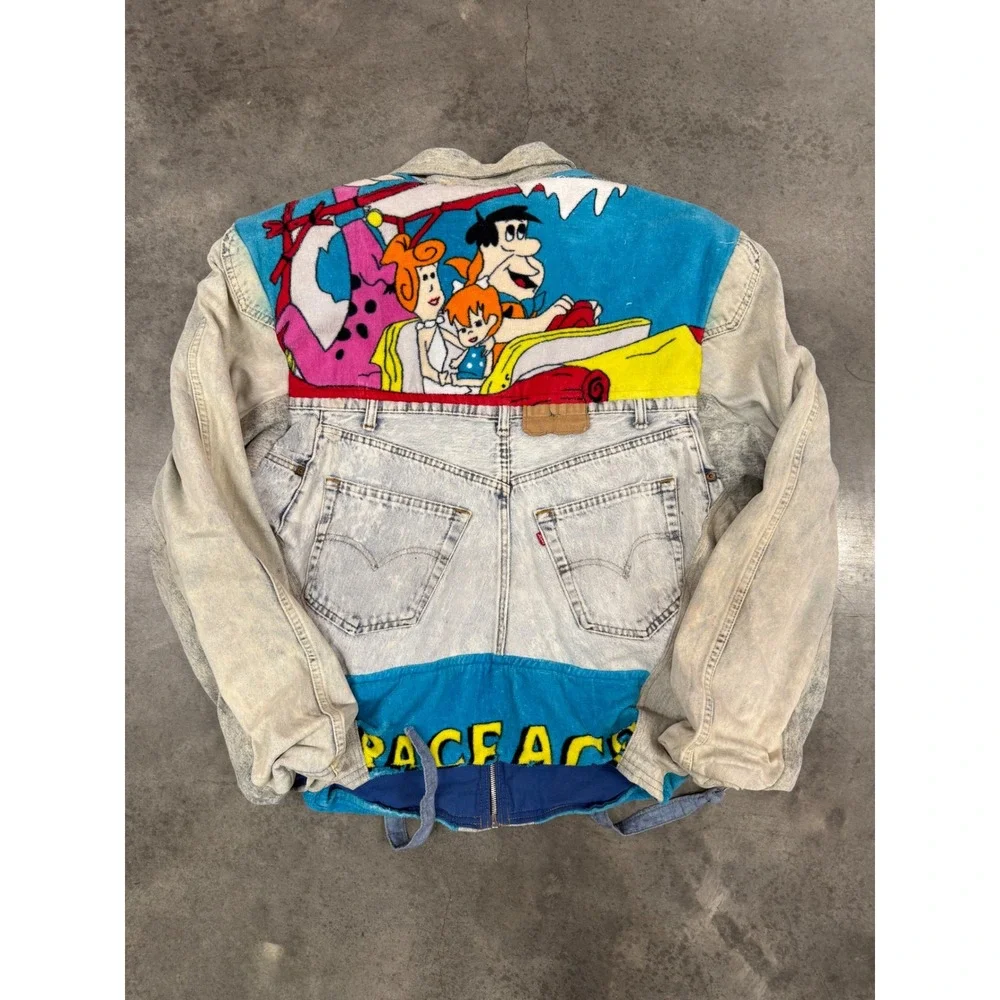 Too Cute Flintstones Mens Large Levis Patchwork Denim Jacket Acid Wash 90s
